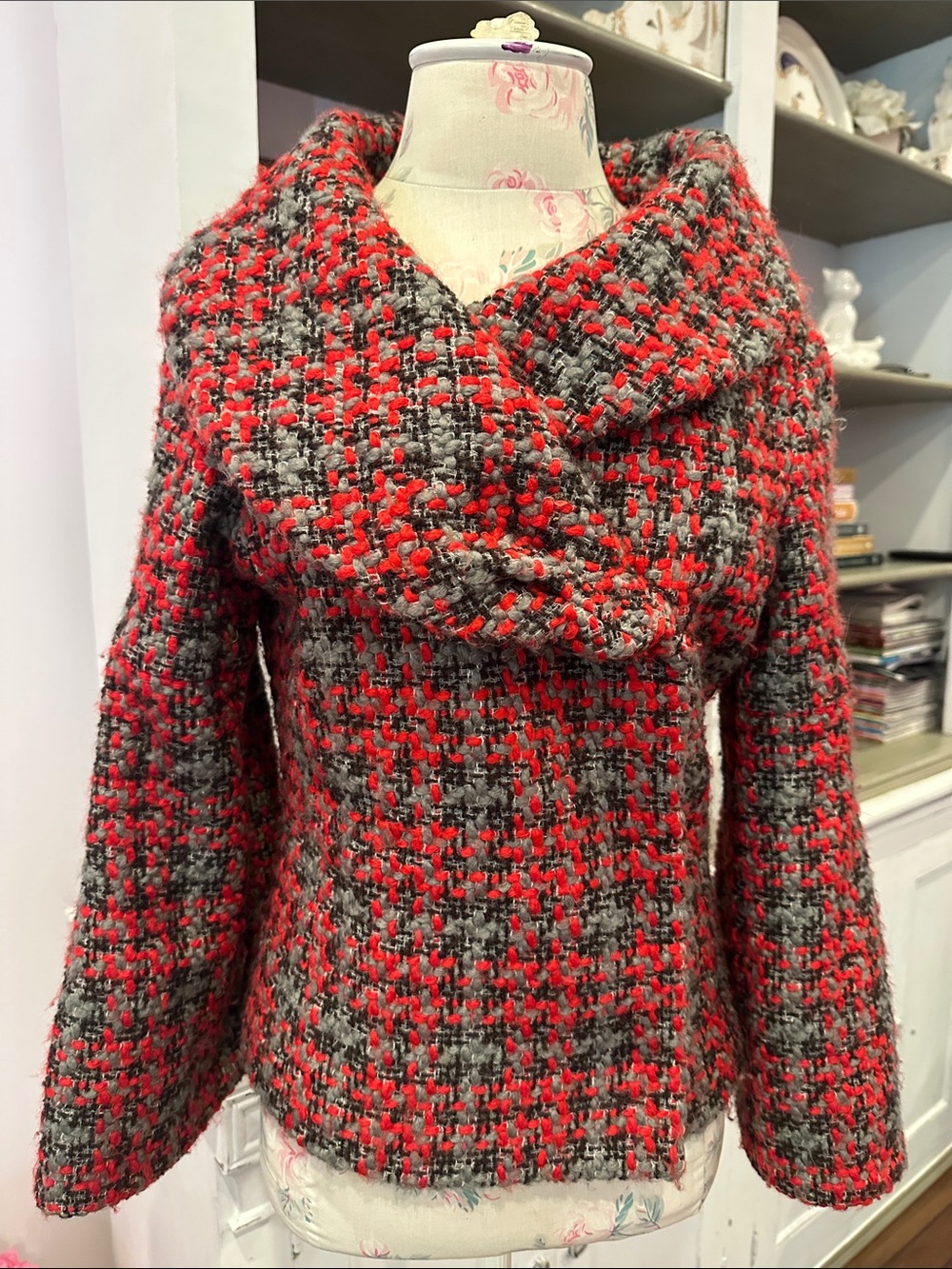 Arden B Red and Gray Bouclé Tweed Jacket